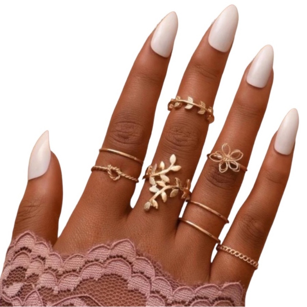 Sale! Boho Gold Tone Leaf & Flower Midi 8 Piece Ring Set